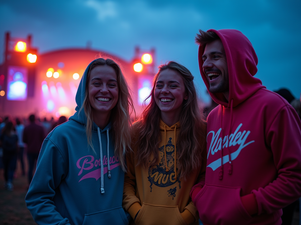 Trzej przyjaciele śmieją się na festiwalu muzycznym o zmierzchu, światła sceny w tle.